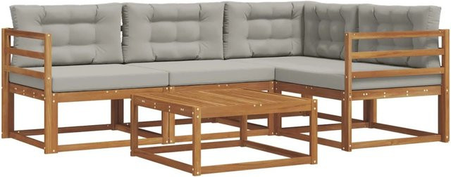 vidaXL Outdoor-Sofagarnitur aus Akazienholz in L-Form mit Kissen, 5-teilig, Grau - Bild 1
