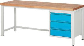 STIER Premium Werkbank höhenverstellbar mit 3 Schubladen, Farbe: RAL 7035 / RAL 5012, B/T/H: 200 x 70 x 84-104 cm - Bild 1
