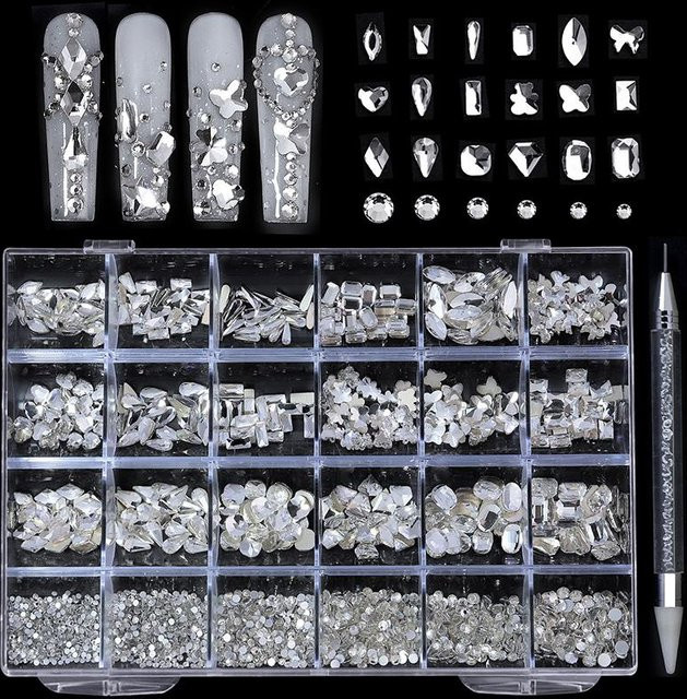 Glow Makeup Strass Nailart Schmuck Set, Glas Nagelkristalle, weiß - Bild 1
