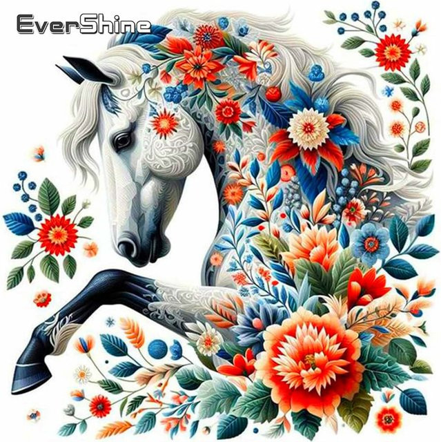 Evershine Diamantmalerei Pferd und Blumen DIY 5D Kreuzstich Mosaik Wandkunst in Multicolour, B/H: 20 x 20 cm - Bild 1