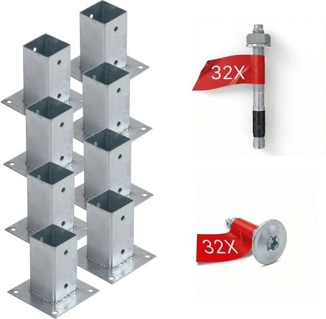 HOLLMAX Pfostenträger Set 8 Stück Aufschraubhülse für Vierkantpfosten 71 mm verzinkt Silber - Bild 1