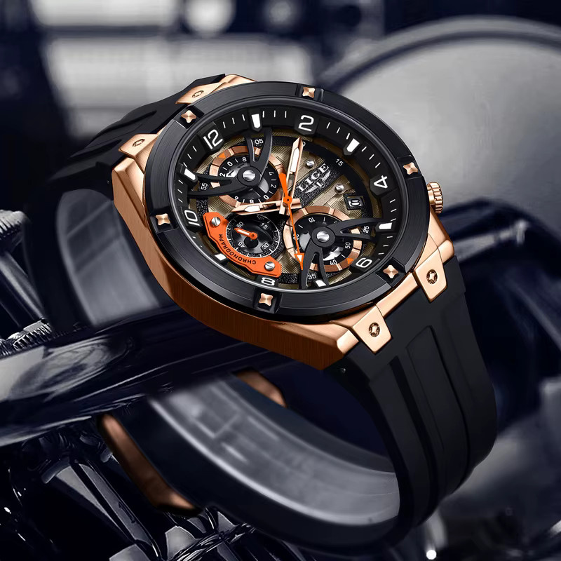LIGE Armbanduhr Chronograph, Quarz, Silikonarmband, Herren, Schwarz - Bild 4