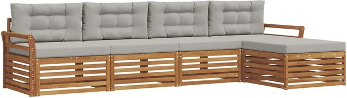 vidaXL Outdoor-Sofagarnitur aus Akazie mit Kissen, 5-teiliges Loungemöbel-Set in Natur und Grau - Bild 1
