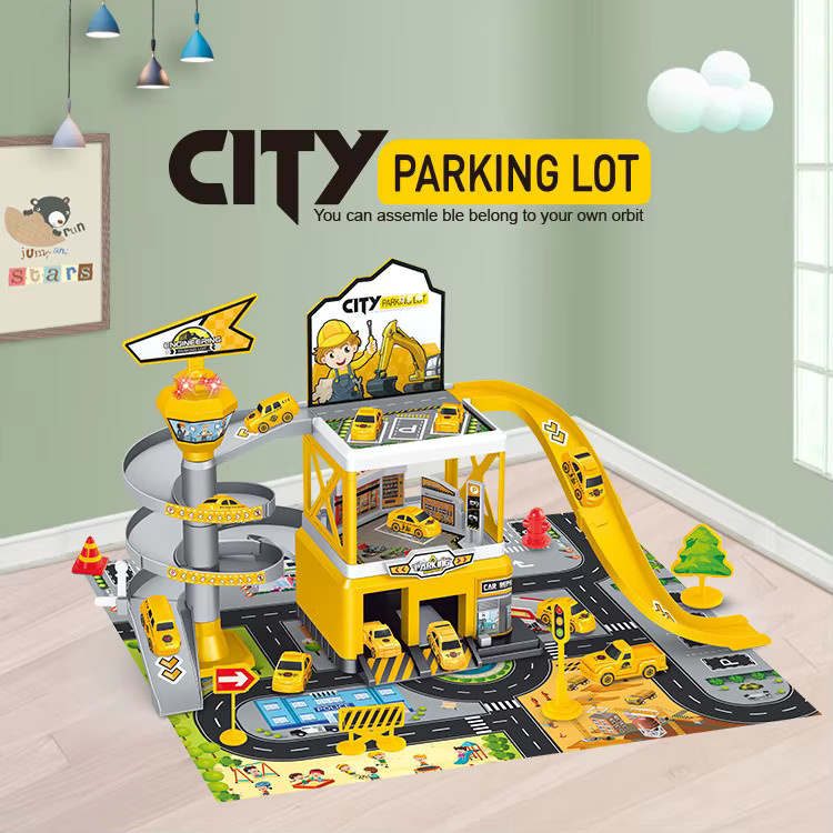 CONUSEA Rennbahn Set mit Stadt-Parkplatz, beleuchteter Schiene und 3 Legierungs-Rennwagen, buntes Spielzeug-Fahrzeug-Set für Jungen - Bild 1
