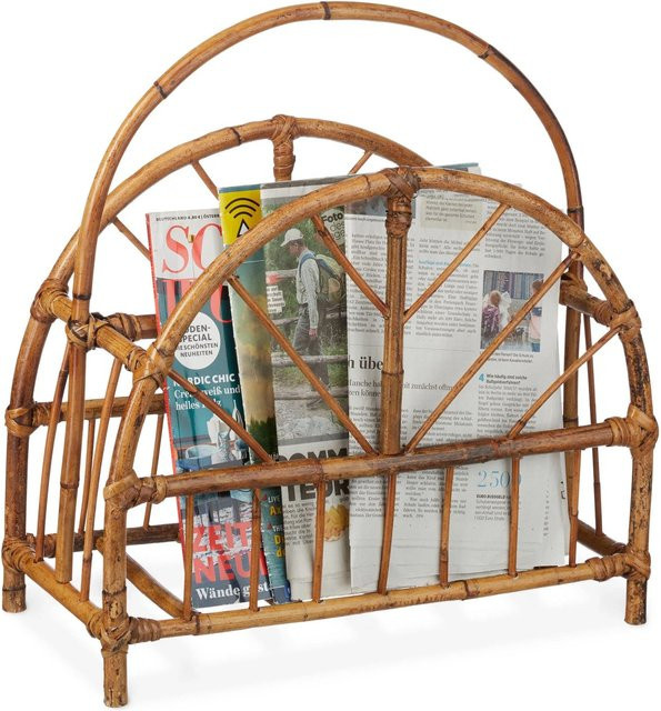 Relaxdays Zeitungsständer Rattan in Braun mit Henkel im Boho-Design, B/T/H: 47 x 20,5 x 43,5 cm - Bild 1