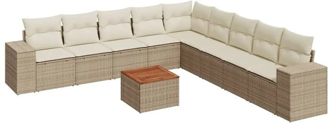 vidaXL 10-tlg. Garten-Sofagarnitur aus Poly-Rattan in Beige-Creme mit L-Form und Kissen - Bild 1