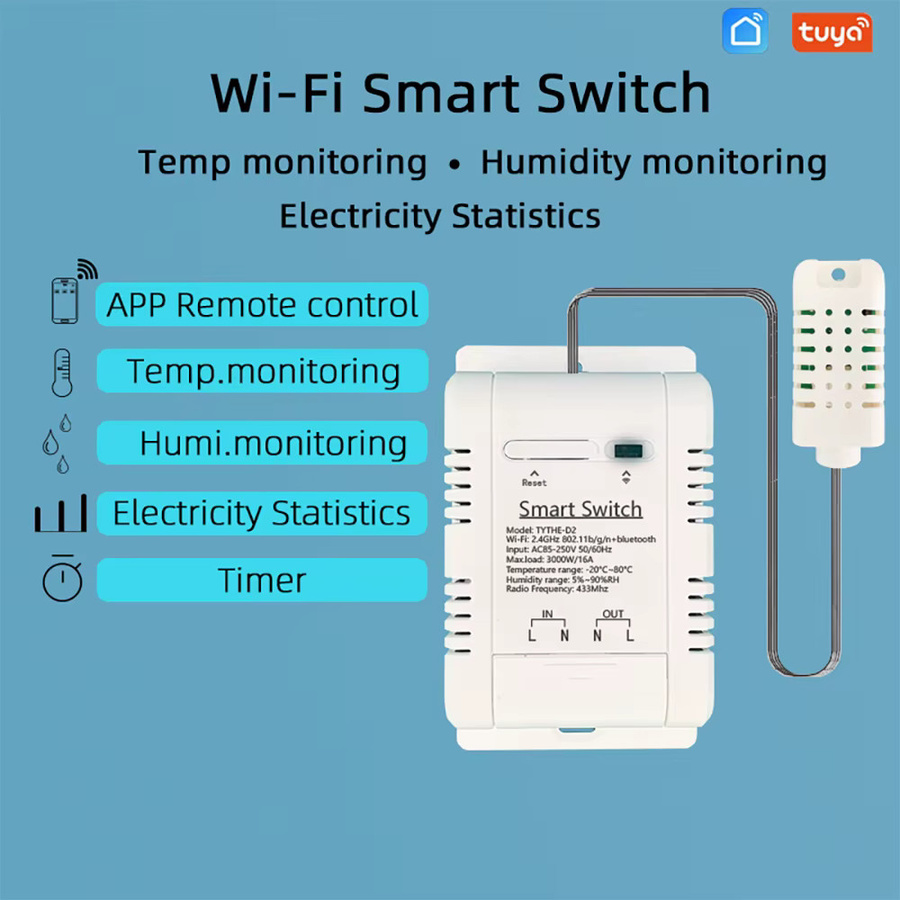 Tuya Smart WiFi Relais mit Temperatur- und Feuchtigkeitssensor und RF433 Empfänger, kompatibel mit Alexa und Alice, Weiß - Bild 2