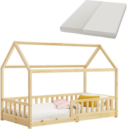 Juskys Kinderbett Marli Hausbett aus Massivholz mit Matratze, Gitter und Lattenrost in Natur Braun, B/T/H: 90 x 200 cm