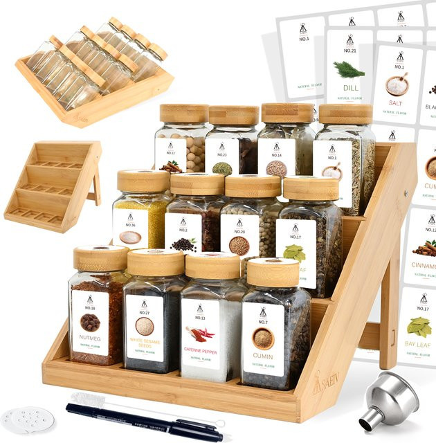 SIAZIH Gewürzglas-Set mit 2-in-1 Bambusholzregal und 120 Etiketten, quadratische Gläser aus Glas, Farbe: Braun und Transparent, 120 ml pro Glas, BPA-frei - Bild 1