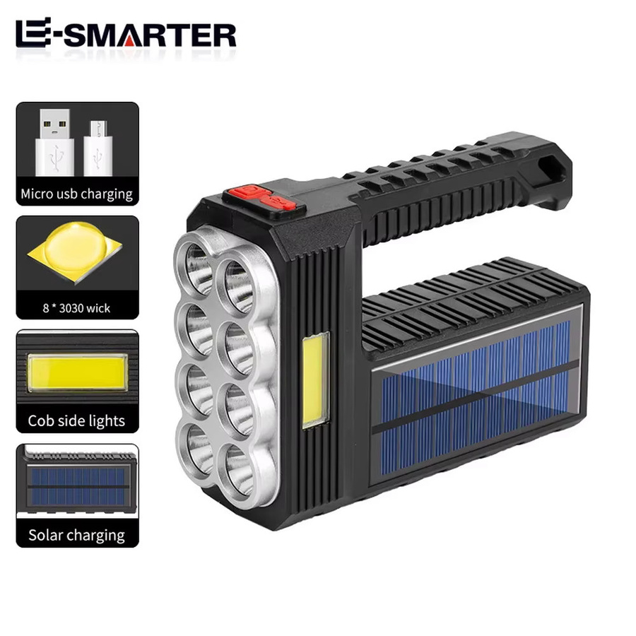 ESMARTER Outdoor Camping Suchscheinwerfer mit 8 LED Lampen, Solar und USB-Ladung, tragbare Handheld Taschenlampe in Schwarz mit 4 Beleuchtungsmodi - Bild 6