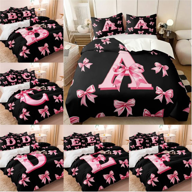 2/3-teiliges Bettwäsche-Set mit rosa Schleife und Initialen A-Z in Pink und Schwarz für Mädchen und Frauen - Bild 1