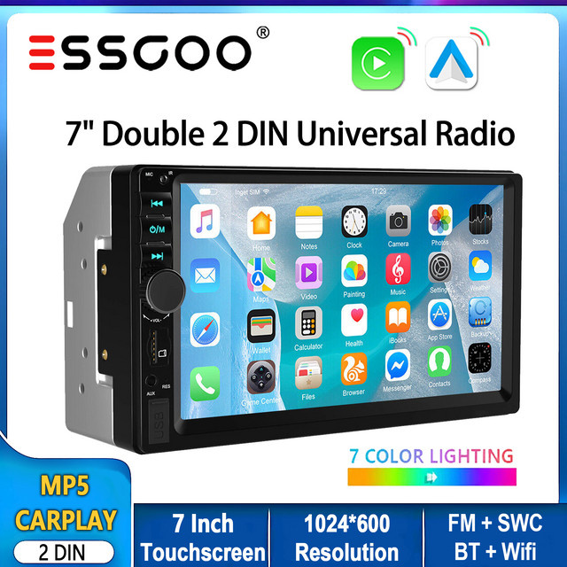 ESSGOO 7 Zoll Autoradio mit Android Auto und Apple CarPlay, Double DIN MP5 Player mit Bluetooth, USB, AUX, FM und Mirror Link in Schwarz - Bild 1