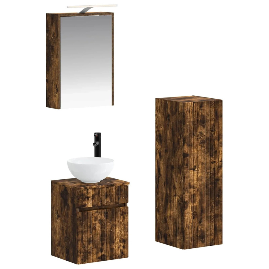 vidaXL Badezimmermöbel-Set 4-teilig in Geräucherte Eiche, modern mit Waschtischunterschrank, Spiegelschrank und LED-Beleuchtung, Braun - Bild 2
