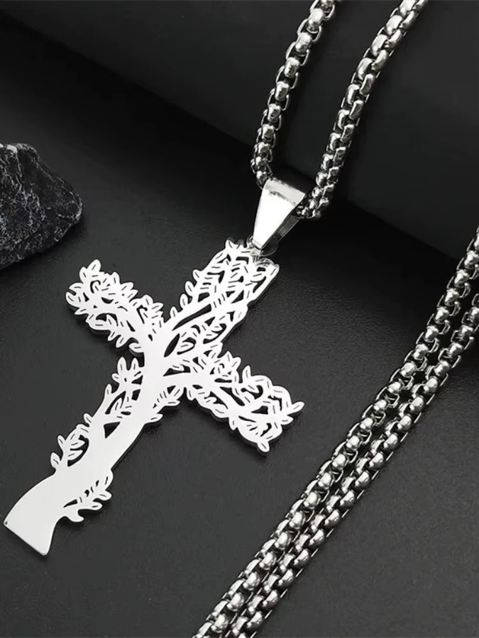 Weyena Halskette Edelstahl, Silber, Yoga-Meditationsbaum-Kreuz-Anhänger, Unisex - Bild 2