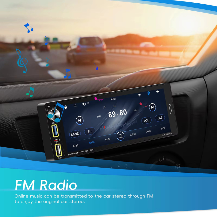 Camecho Wireless Carplay Android Auto 1 Din Autoradio mit 6,9 Zoll IPS Bildschirm, Bluetooth, MP5 Multimedia Player und Dual USB/Typ-C, Schwarz - Bild 4