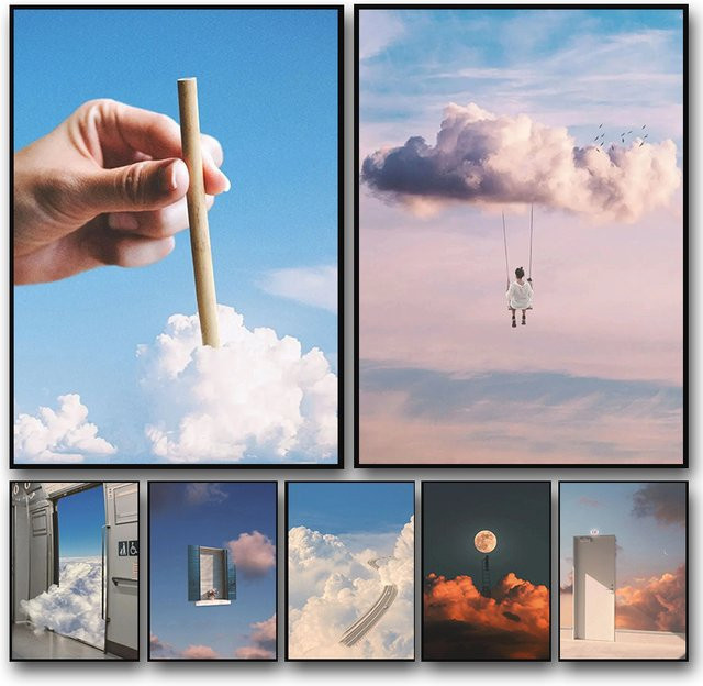 Abstrakte moderne Wandkunst Potdemiel Leinwandgemälde Menschen auf Wolken in Mehrfarbig - Bild 1