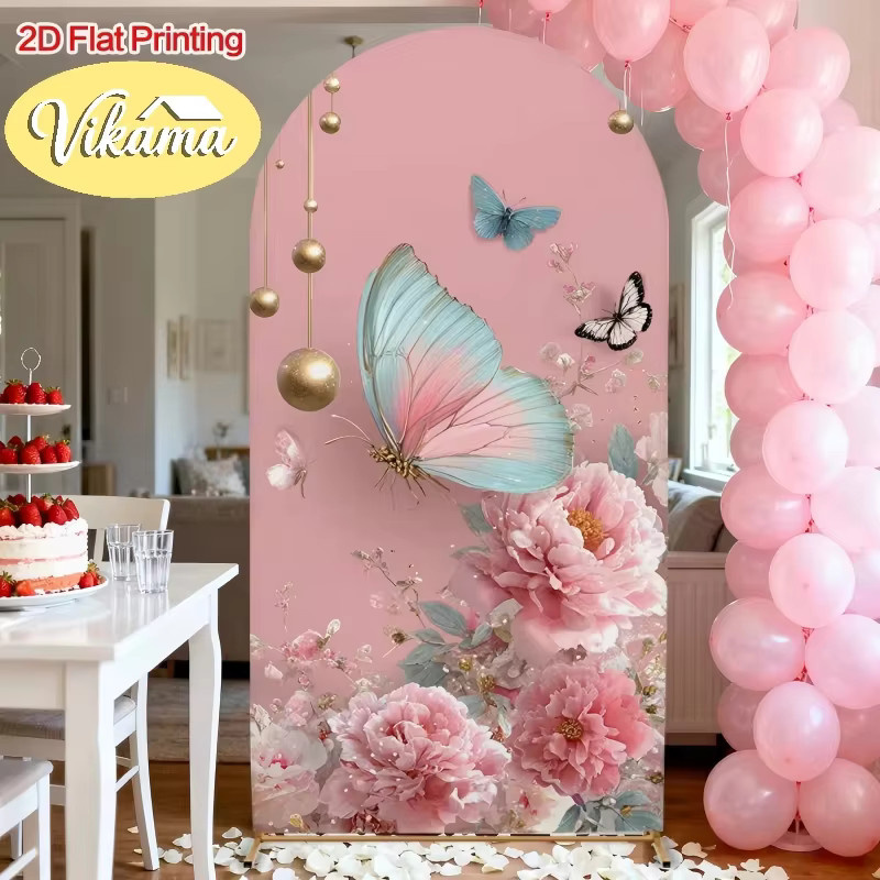 VIKAMA Hintergrundstoff mit Schmetterlings- und Blumenmuster in Pink für Hochzeits- und Geburtstags-Fotografie-Dekorationen - Bild 2
