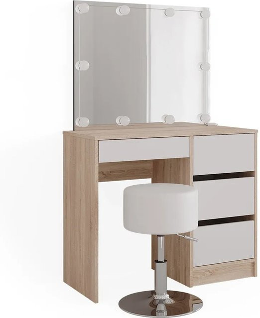 Vicco Schminktisch Sherry Sonoma Weiß mit LED-Beleuchtung, Spiegel und Hocker, B: 90 cm, H: 75 cm, T: 40 cm - Bild 2