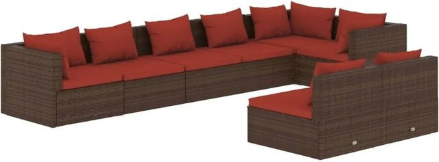 vidaXL 8-teiliges Garten-Lounge-Set in L-Form mit Kissen, Braun, Poly-Rattan und pulverbeschichtetem Stahlrahmen - Bild 1