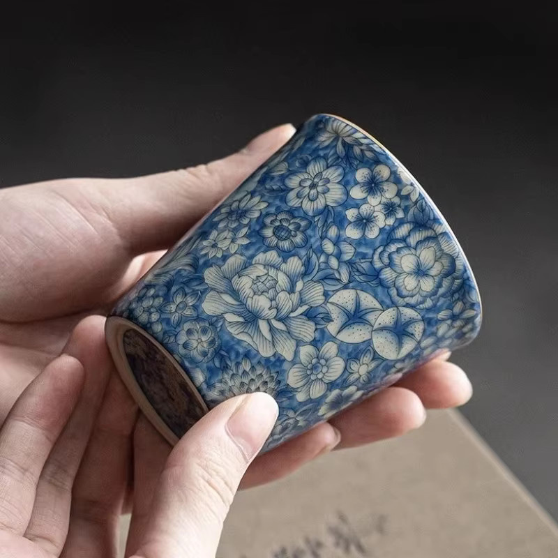 Handgefertigte Ru-Ofen-Teetasse aus Keramik in Beige und Blau, spülmaschinenfeste Teetasse für die chinesische Kung-Fu-Teezeremonie - Bild 2