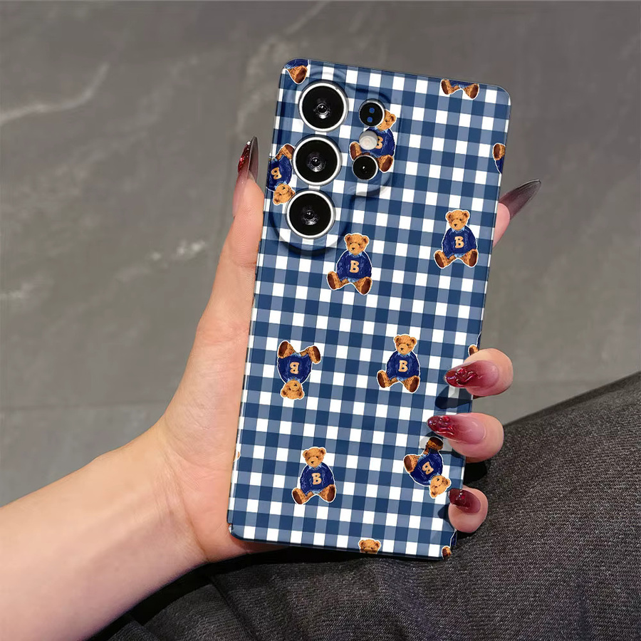 Stoßfeste Doppelschicht Handyhülle mit kariertem Teddy-Charm für Samsung Galaxy S26 S25 S24 S23 Ultra Plus in Blau - Bild 2