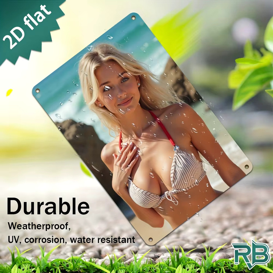 Retro Metall-Blechschild Hello Young mit gestreiftem Bikini-Motiv und Portrait einer blonden Dame für deine Wanddekoration in Mehrfarben - Bild 2