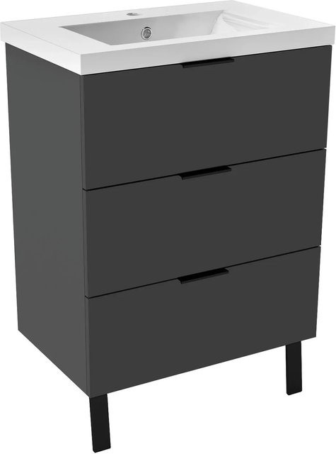 AICA Badmöbel Kantin 2-teiliges Badezimmerset mit Keramik Waschtisch und Unterschrank sowie Standschrank in Anthrazit Hochglanz mit Softclose Schubladen und Griffen - Bild 1
