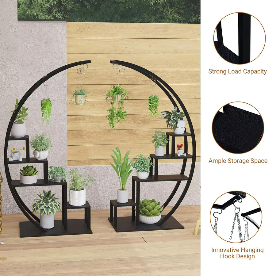 HiMISS 5-stufiger Metall-Pflanzenständer in Halbmondform in Schwarz für Garten, Terrasse und Wohnzimmer - Bild 3