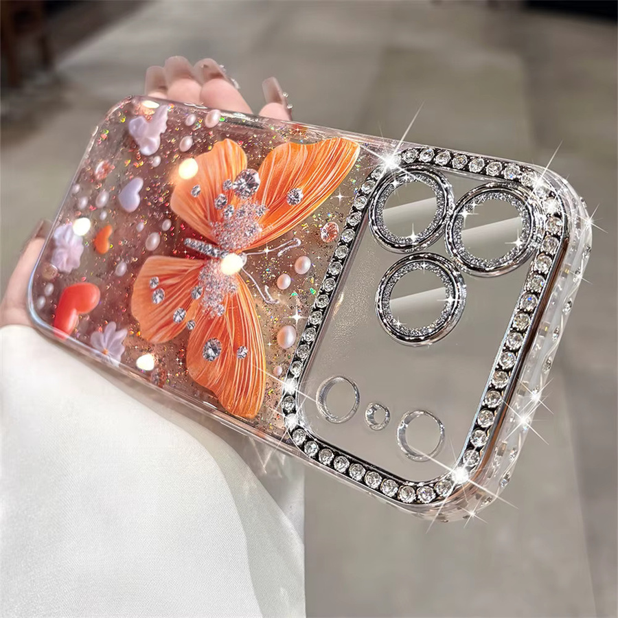 Transparente iPhone Handyhülle mit orangefarbenem Schmetterlings-Glitzer-Design und Strasssteinen für iPhone 17, 16, 15, 14, 13 Pro Max inklusive Diamant-Linsenfolie und Rahmenabdeckung - Bild 1