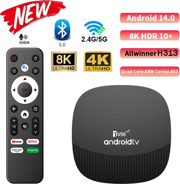 CLIBABIQBOX TV98 ATV Max Plus TV-Box mit Android 14, 8K und 4K Unterstützung, Allwinner H313 Media Player, WiFi und 4G/5G, Schwarz - Bild 1