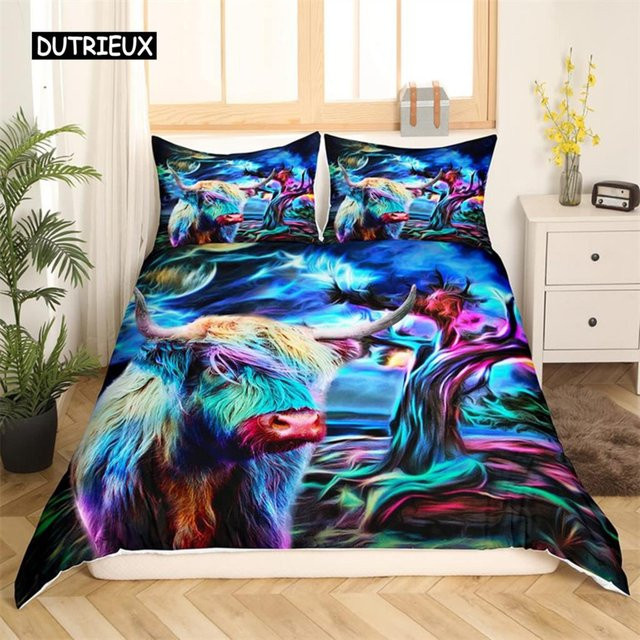 Bettwäscheset mit Highland-Kuh-Motiv von Binchi Outdoor Product, Mikrofaser-Bettbezug und Kissenbezug mit Bauernhoftieren und Blumenmuster, Mehrfarbig, B/H: 135 x 200 cm - Bild 1