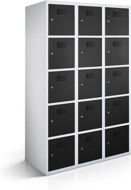 rotstahl Fächerschrank mit 15 Fächern aus Stahlblech, Korpus lichtgrau und Türen schwarz, B/T/H: 120 x 50 x 180 cm - Bild 1