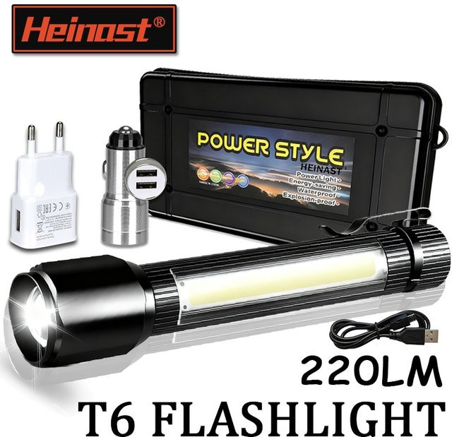 Heinast Hochleistungs-LED-Taschenlampe aus Aluminiumlegierung in Schwarz mit Seitenlicht und USB-Ladefunktion für Outdoor, Camping und Wandern - Bild 1