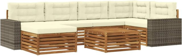 vidaXL Outdoor-Sofagarnitur L-Form aus Akazienholz mit 7 Kissen in Natur und Creme - Bild 1
