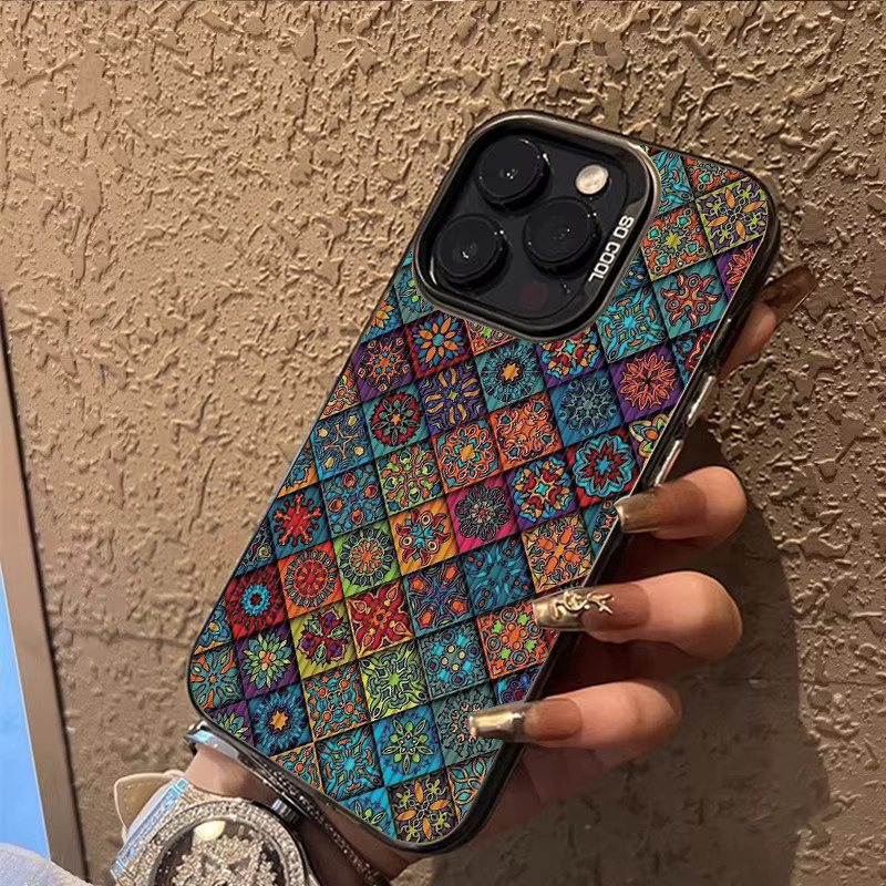 iPhone Hülle mit Blumen Kariertes Muster und galvanisiertem Schalendesign in Schwarz für iPhone 11 bis iPhone 17 Pro Max - Bild 2