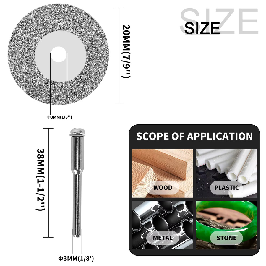 SI FANG 5 Stück Mini Diamant-Trennscheiben 20 mm mit 1 Verbindungsschaft für Bohrer und Drehwerkzeuge - Bild 2