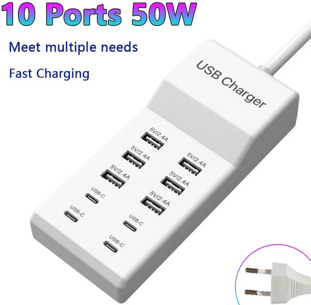 ILEPO USB-Ladestation mit 10 Ports und 50W Schnellladegerät inklusive USB-C Hub in Weiß für iPhone, Samsung, Xiaomi und Huawei sowie Tablets und weitere Multi-Geräte - Bild 1
