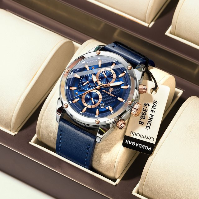 POEDAGAR Chronograph Armbanduhr, Quarz, Leder, Blau, Herren - Bild 1