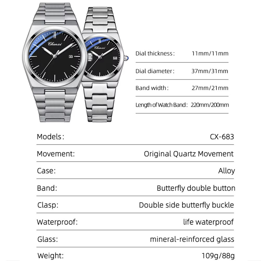 CHENXI Armbanduhr Quarz, Edelstahl, Blau, Schwarz, Unisex - Bild 2