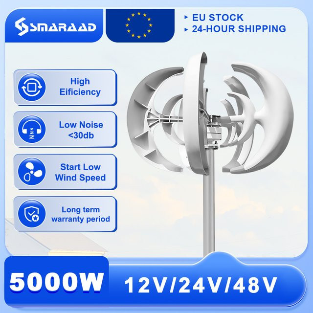 SMARAAD Vertikale Windturbine 5000W mit Laderegler in Weiß, 12V/24V/48V und 220V, geräuscharm für den Haushalt - Bild 1