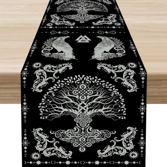 JMG Household Supplies Tischläufer aus Leinen mit Wikinger Rabe Motiv in Schwarz, B/H: 150 x 33 cm - Bild 1