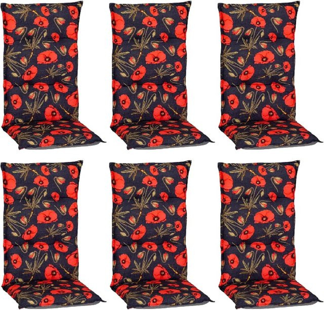 Beo Sitzauflage Hochlehner Trondheim 6er-Set mit roten Mohnblüten in Schwarz-Rot - Bild 1