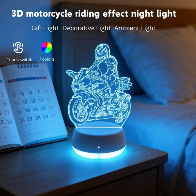 3D-Motorradfahrer LED-Nachtlicht mit USB-Anschluss und RGB-Farbverlauf in Weiß und Mehrfarbig für dein Schlafzimmer und den Schreibtisch - Bild 1
