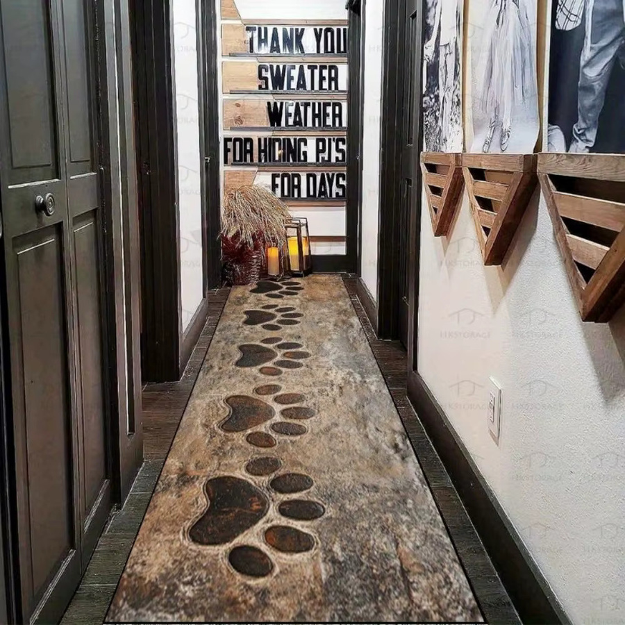 VIKAMA Laufteppich im ländlichen Holzstil mit Hundepfoten-Aufdruck, braun, waschbar und schmutzabweisend, B/T: 120 x 50 cm - Bild 4