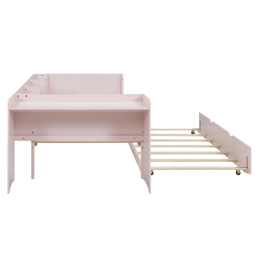 Flieks Schlafsofa Polsterbett aus massivem Kiefernholz mit Schreibtisch und Regalen, Rosa, B/T/H: 241,9 x 112 x 73 cm - Bild 2