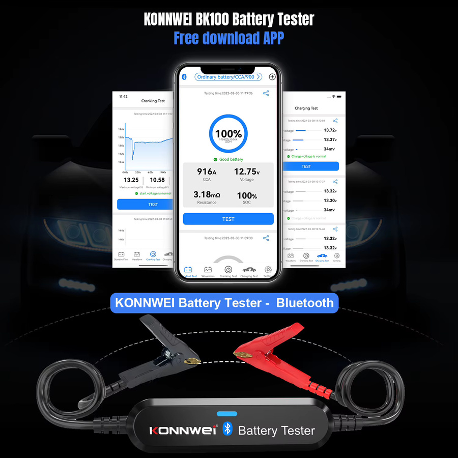 KONNWEi Bluetooth Autobatterietester zur Überwachung der Batteriespannung und zum Ladescan für 6V, 12V und 24V in Schwarz-Silber - Bild 2