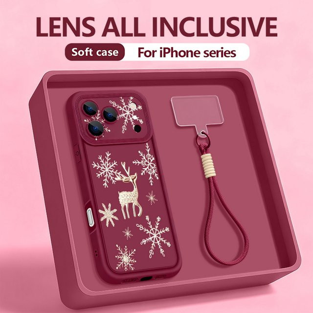 MOESOE Handyhülle mit Lanyard und Handgelenk-Strap im Weihnachtsdesign mit Elch und Schneeflocken für iPhone, Farbe: Rot - Bild 1