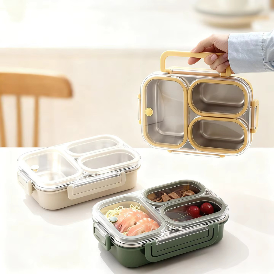 WORTHBUY Tragbarer Lunchbehälter aus Edelstahl 304 in Gelb mit 3 Fächern, auslaufsicher und mikrowellengeeignet - Bild 1