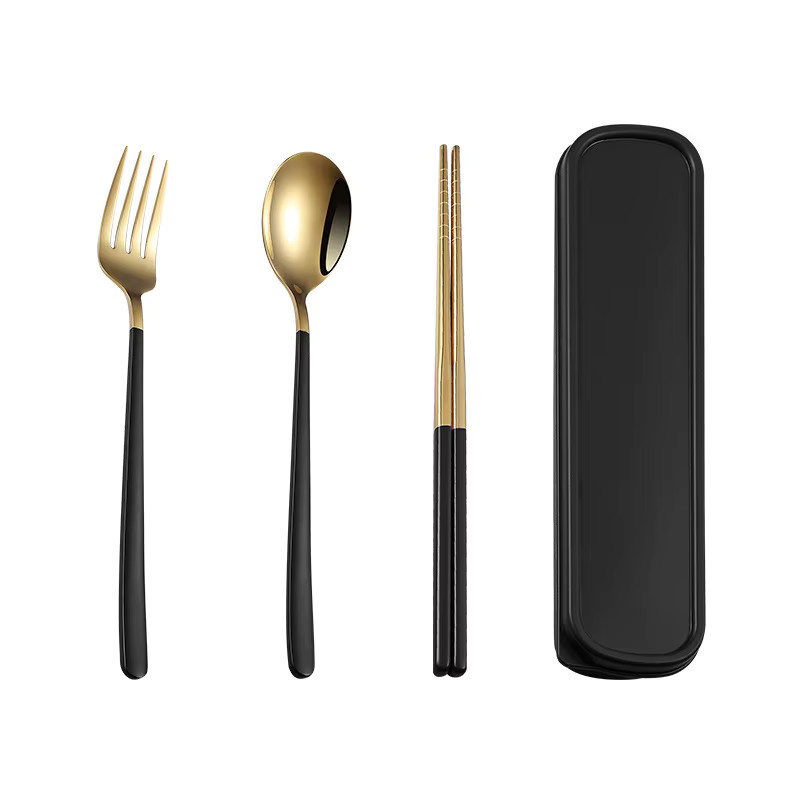 QIEYUE Besteckset aus Edelstahl in Beige und Gold, tragbares Löffel-Stäbchen-Gabel-Set für unterwegs, Büro und Reise - Bild 2