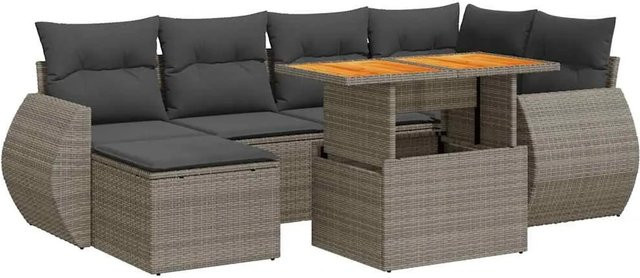 vidaXL 7-teilige Garten-Sofagarnitur aus Poly-Rattan und Akazienholz in Grau mit Kissen - Bild 1